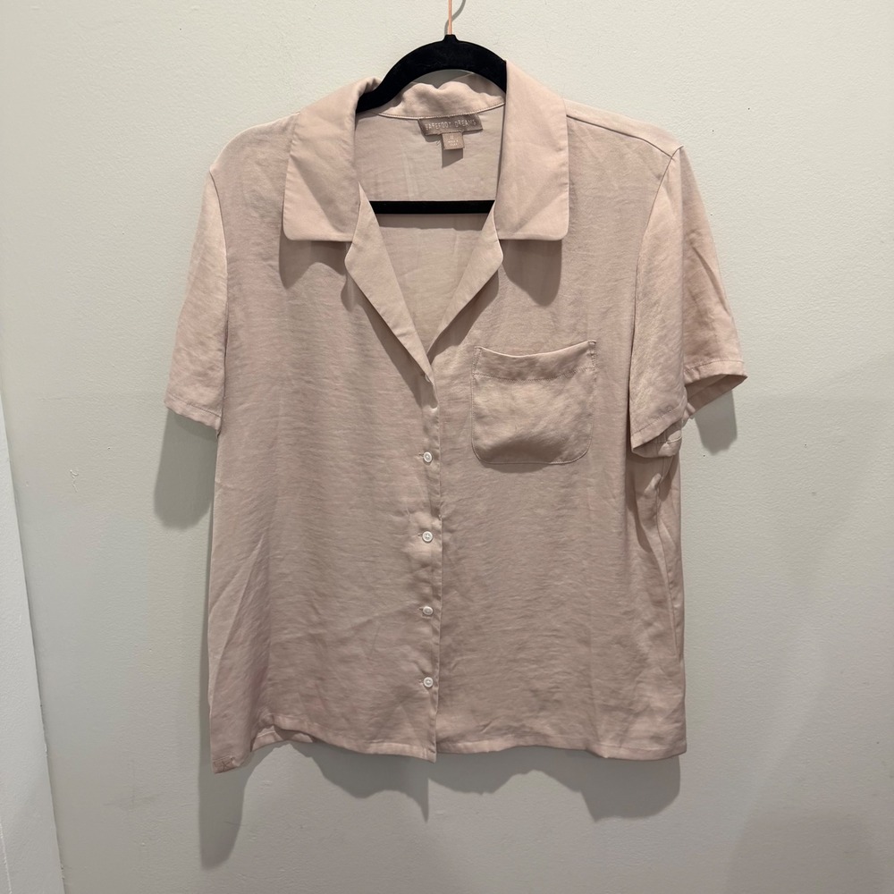 Barefoot Dreams Tan/Taupe Short Sleeve Button Down Shirt | Size M